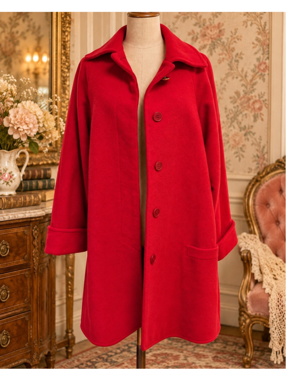 Vintage Istante Gianni Versace Red Wool Coat Made in Italy 80s 90s L